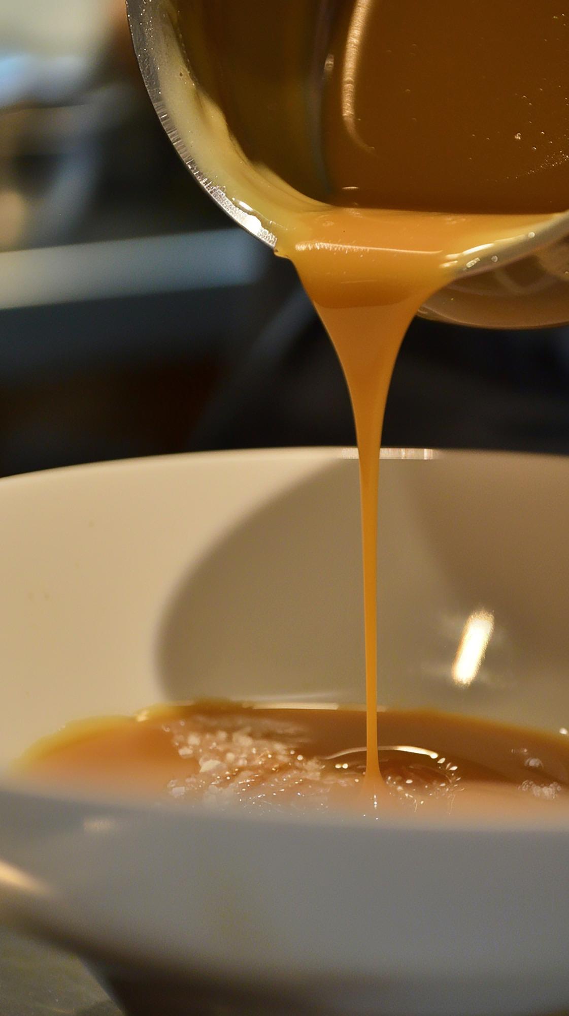 Close-up of caramelized sauce being poured